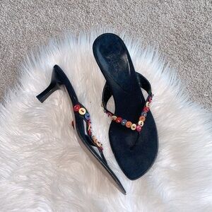 Vintage Black Kitten Heel Button Beaded Thong Slide Sandals
